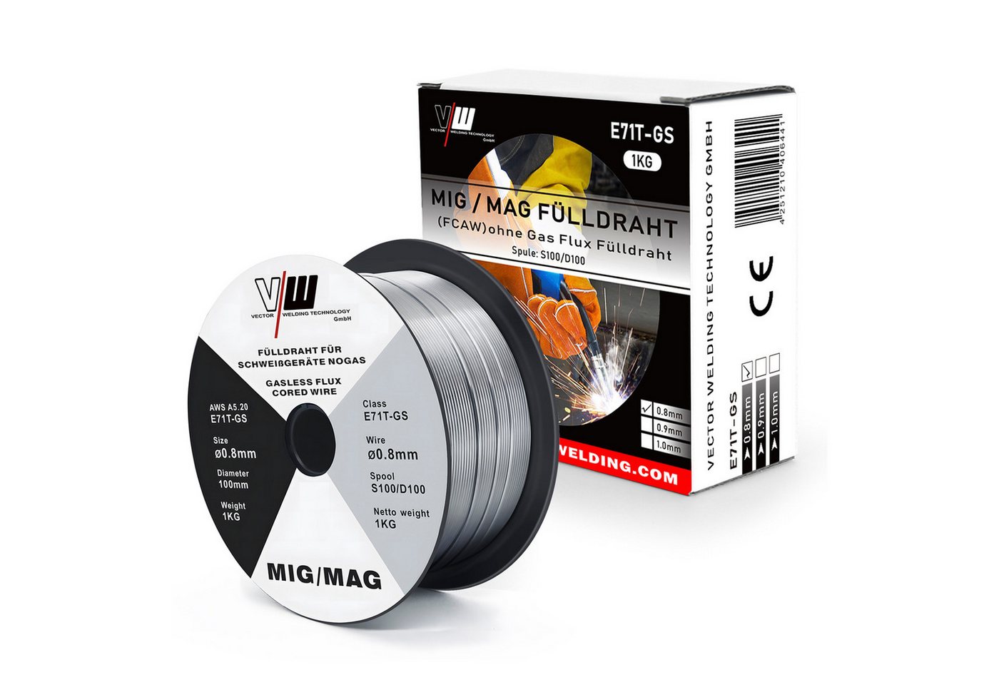 VECTOR WELDING Schweißdraht MIG MAG Schweißdraht Fülldraht E71T-GS, 0,8 / 1 kg / 2 X D100 Rolle