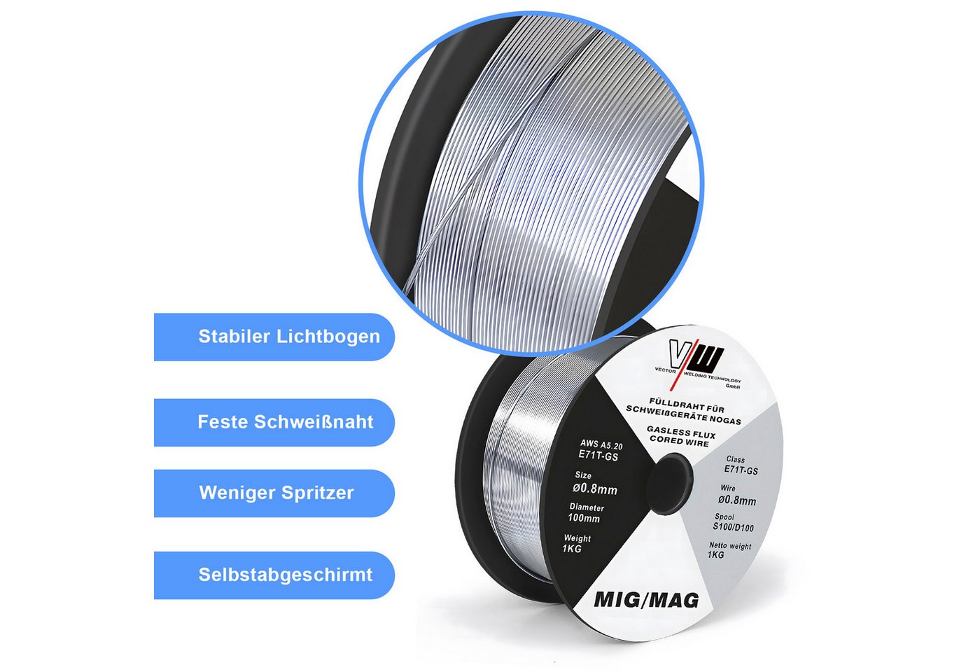VECTOR WELDING Schweißdraht MIG MAG Schweißdraht Fülldraht E71T-GS, 0,8 / 1 kg / 2 X D100 Rolle Bild 2