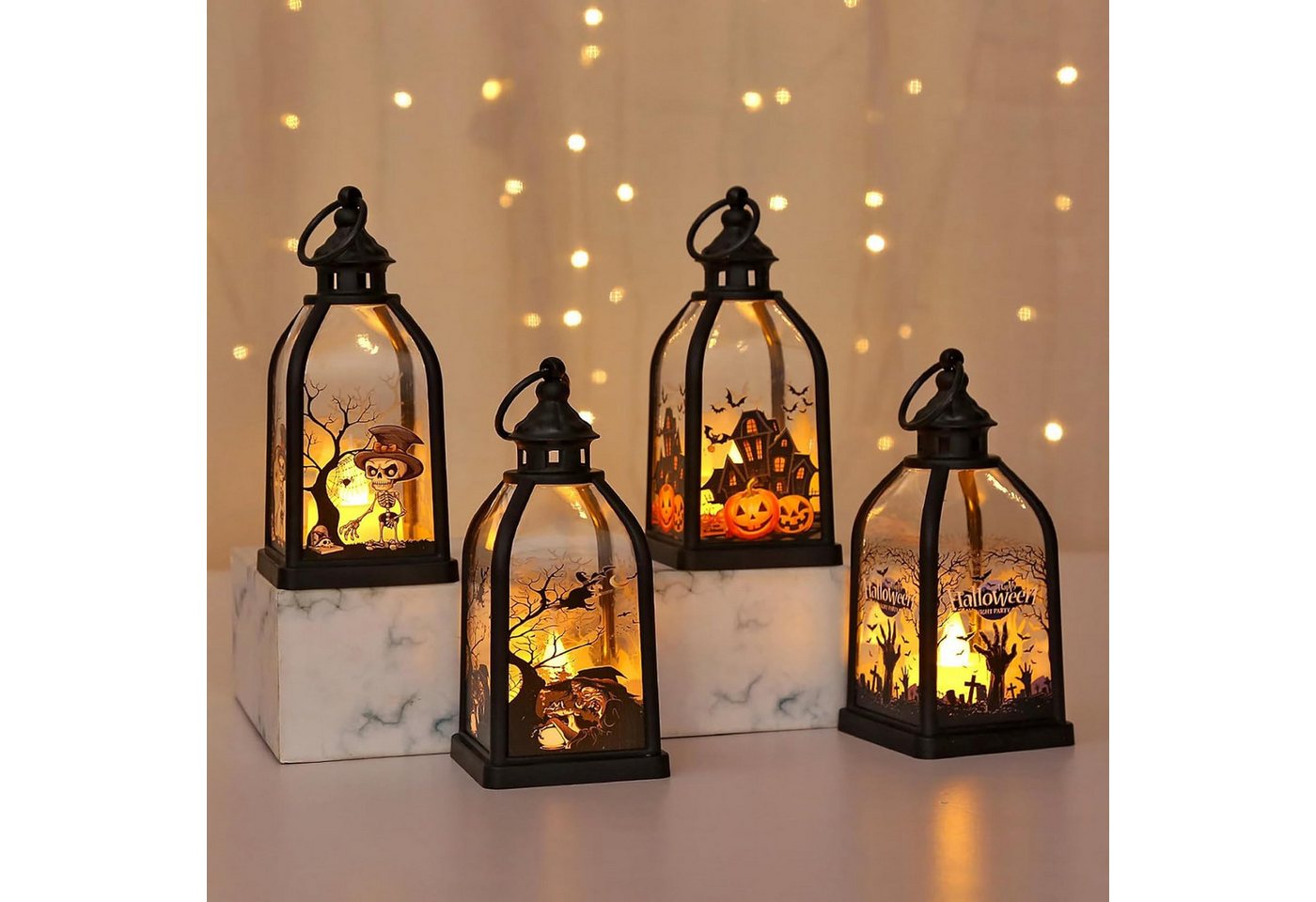 FELIXLEO LED Laterne 4 Stück Halloween Laternen, 15 cm LED-Kerzenlaternenmit Hexe und Geist