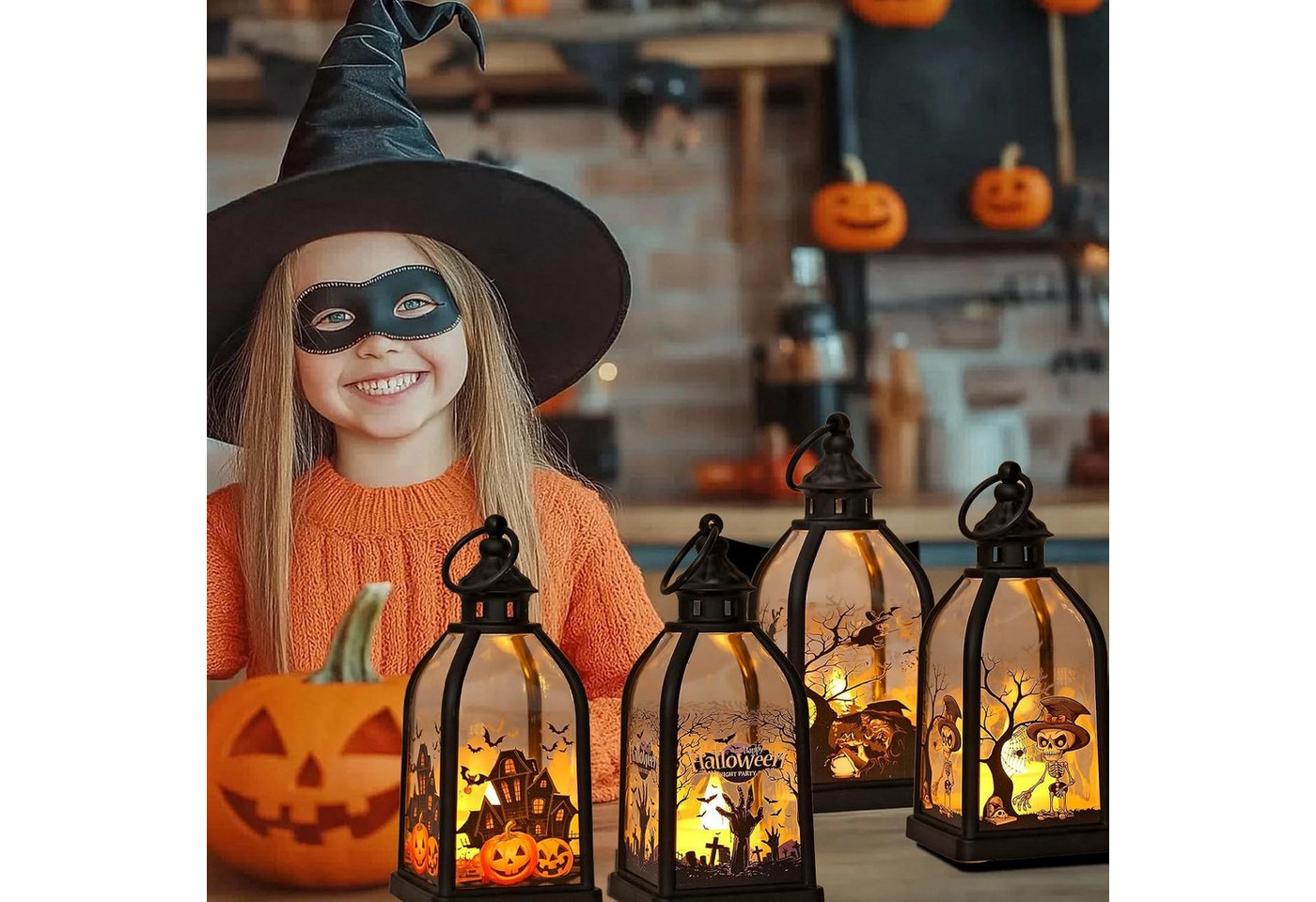 FELIXLEO LED Laterne 4 Stück Halloween Laternen, 15 cm LED-Kerzenlaternenmit Hexe und Geist Bild 4