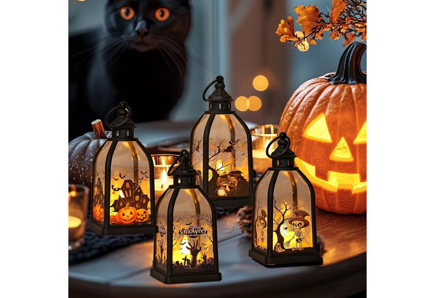 FELIXLEO LED Laterne 4 Stück Halloween Laternen, 15 cm LED-Kerzenlaternenmit Hexe und Geist Bild 5