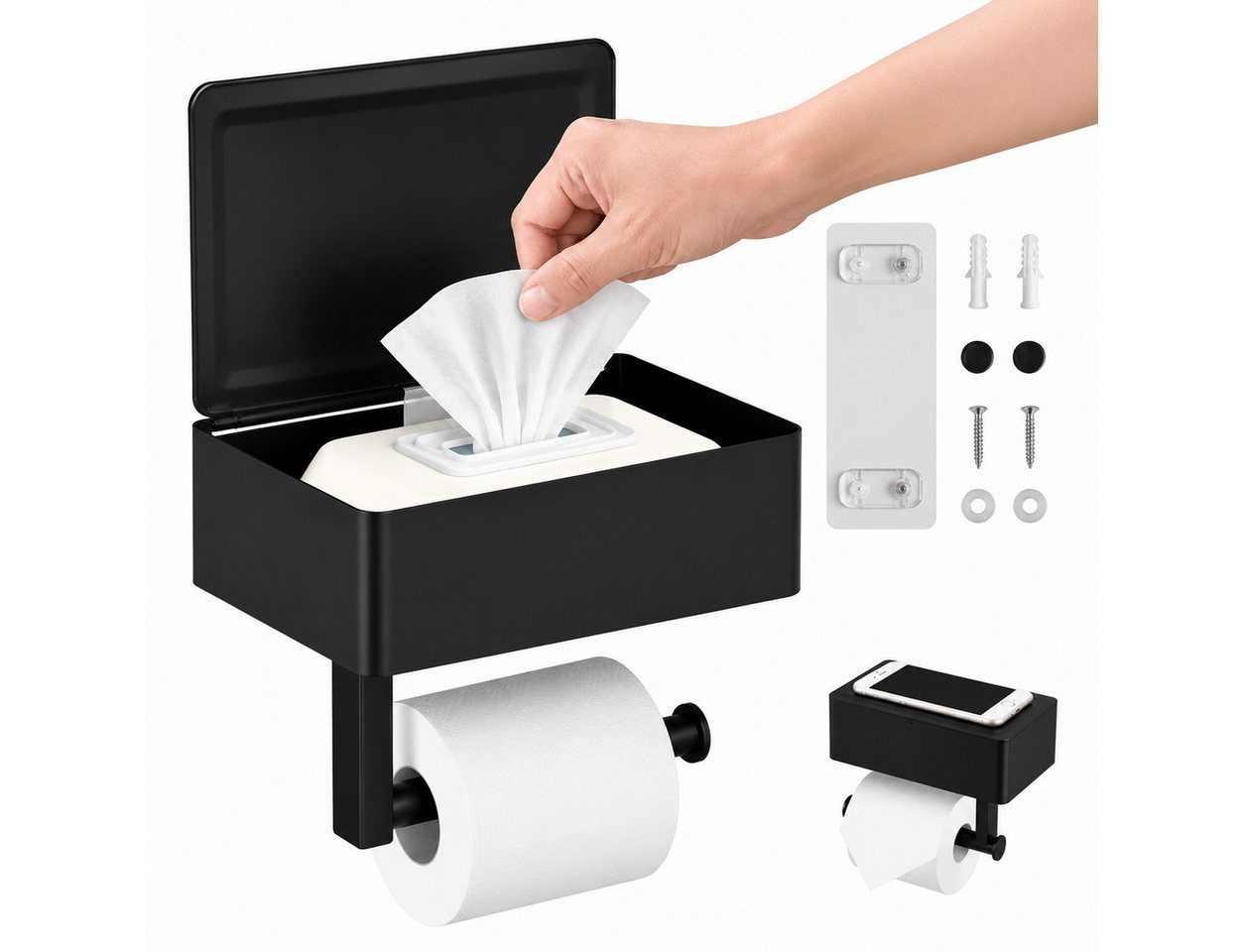 Fyrove Toilettenpapierhalter Klopapierhalter mit Feuchttuchfach, WC-Papierhalter mit Ablage (Badhalter, Rollenhalter, Hygiene-Organizer für Bad und Gäste-WC), 304 Edelstahl, 21 cm Ablage, Klebe-/Bohrmontage, bis 5 kg Bild 5