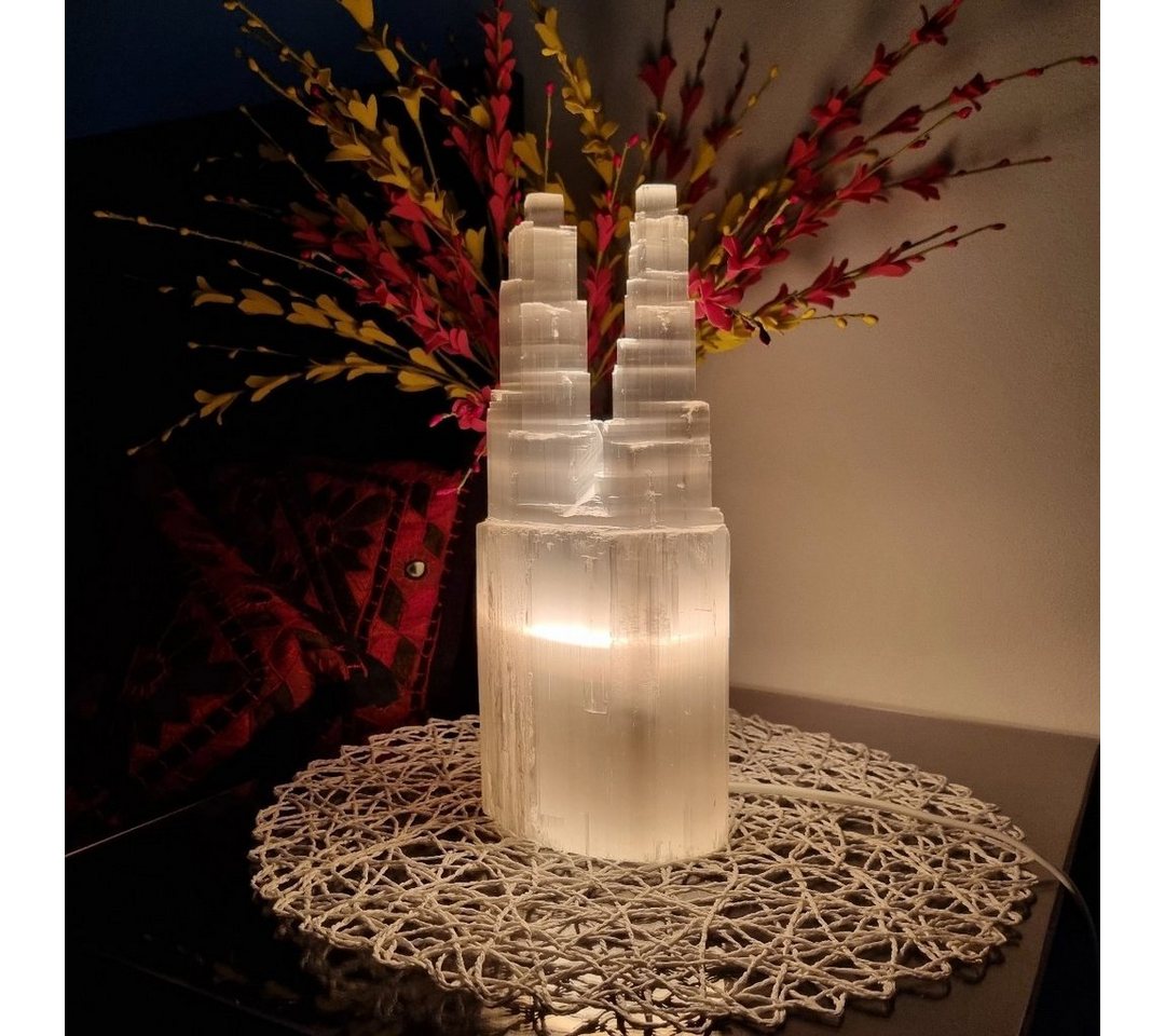 Landster Nachttischlampe Selenite Turm Lampe Zwillingsturm tischleuchte Kristall Tischlampe