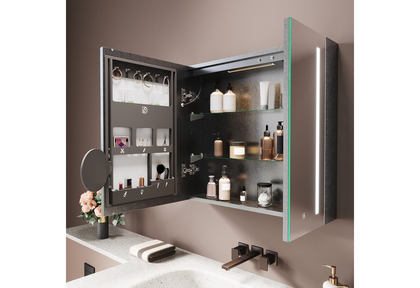 SONNI Spiegelschrank Spiegelschrank Badezimmerschrank 70×65cm Bestseller mit 3-farbiger dimmbarer Beleuchtung