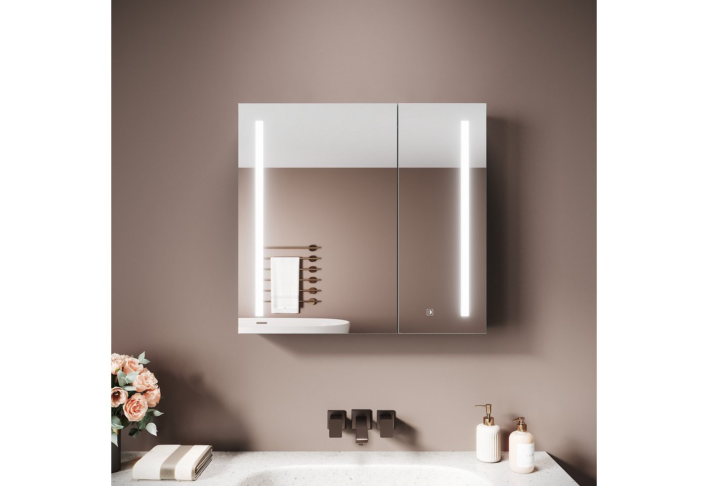 SONNI Spiegelschrank Spiegelschrank Badezimmerschrank 70×65cm Bestseller mit 3-farbiger dimmbarer Beleuchtung Bild 3