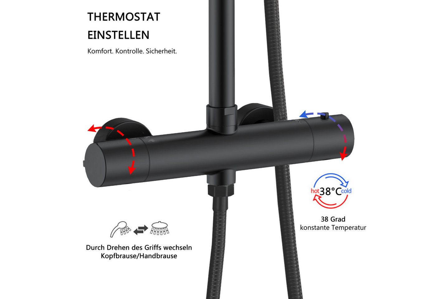duschspa Duschsystem mit Thermostat (38°C), runder 20 cm Regendusche, 2 Strahlart(en), höhenverstellbarer Edelstahlstange, Chrom/Schwarz