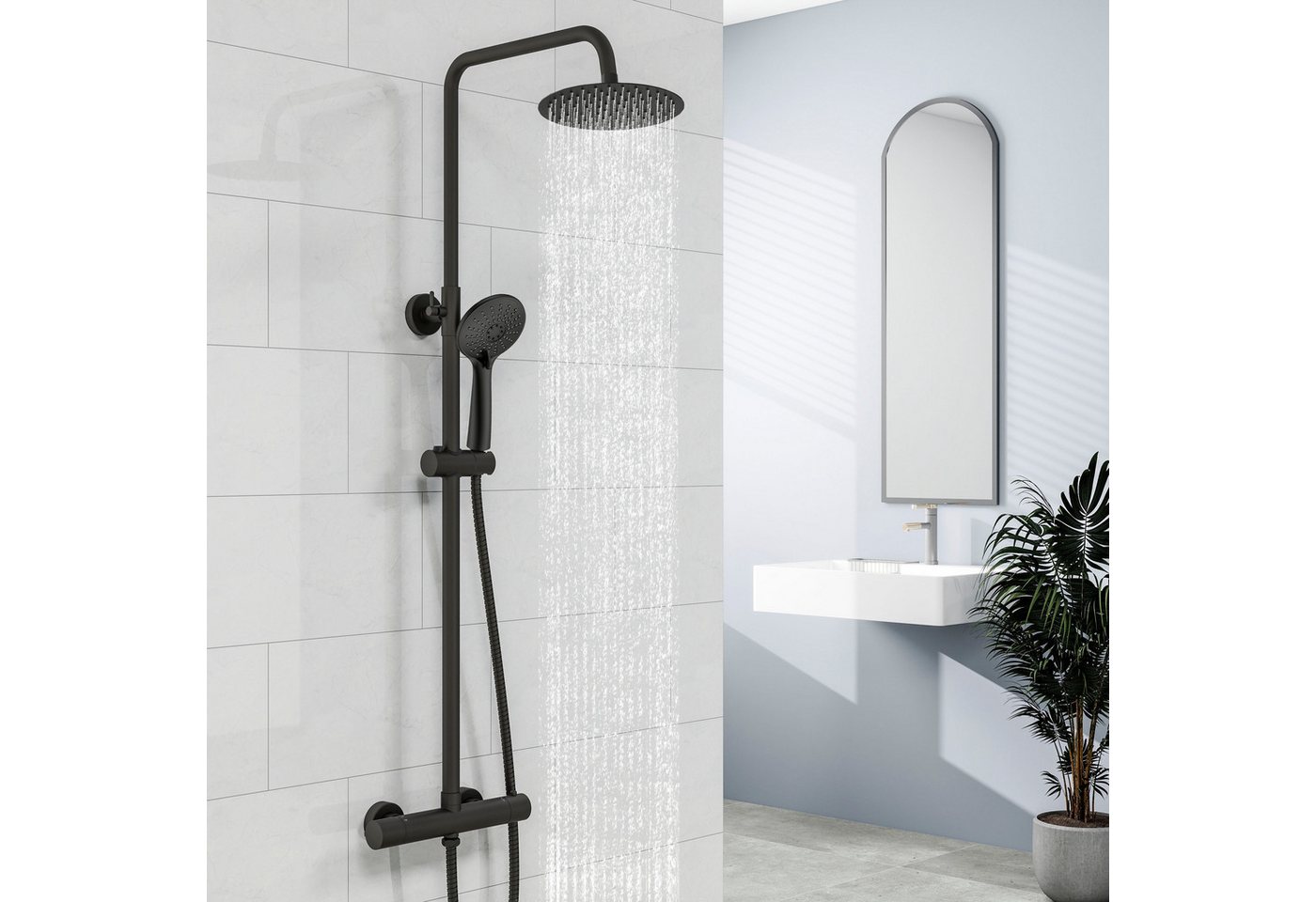 duschspa Duschsystem mit Thermostat (38°C), runder 20 cm Regendusche, 2 Strahlart(en), höhenverstellbarer Edelstahlstange, Chrom/Schwarz Bild 2