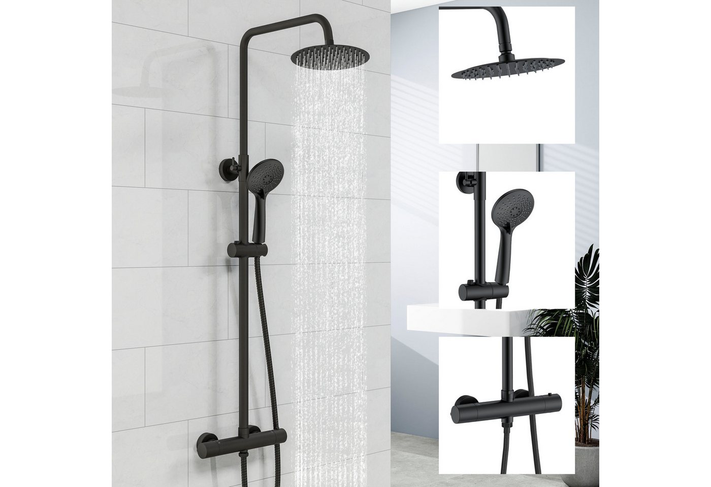 duschspa Duschsystem mit Thermostat (38°C), runder 20 cm Regendusche, 2 Strahlart(en), höhenverstellbarer Edelstahlstange, Chrom/Schwarz Bild 5