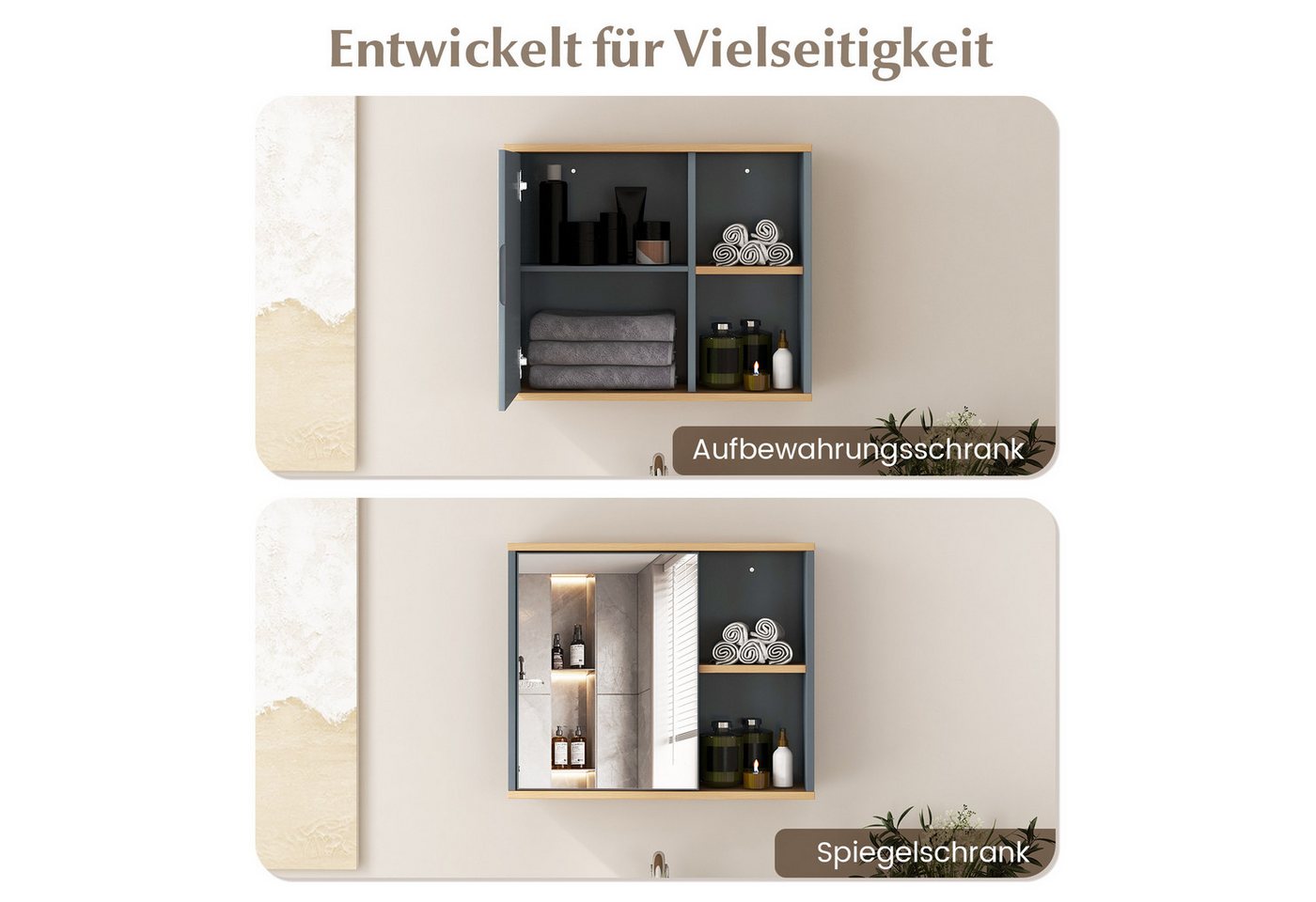 KOMFOTTEU Spiegelschrank Badschrank mit 3 verstellbaren Einlegeböden & 2 offenen Fächern