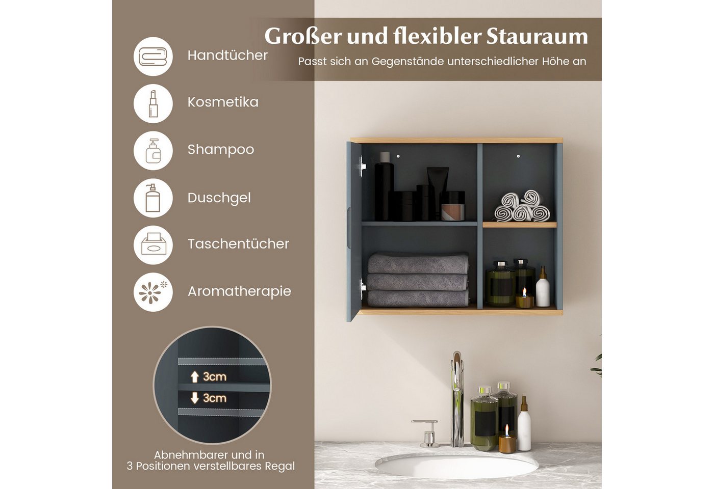 KOMFOTTEU Spiegelschrank Badschrank mit 3 verstellbaren Einlegeböden & 2 offenen Fächern Bild 2