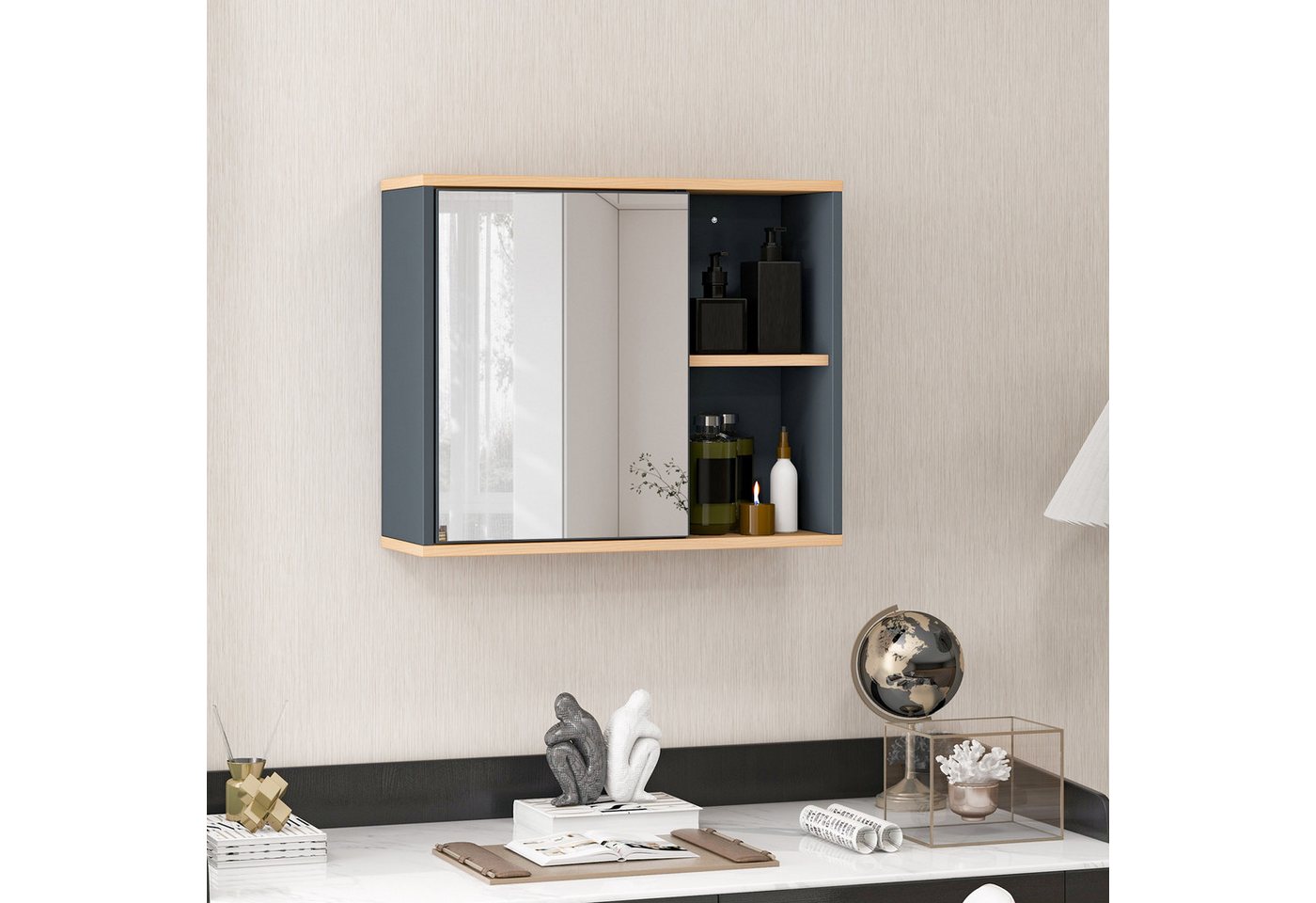 KOMFOTTEU Spiegelschrank Badschrank mit 3 verstellbaren Einlegeböden & 2 offenen Fächern Bild 3