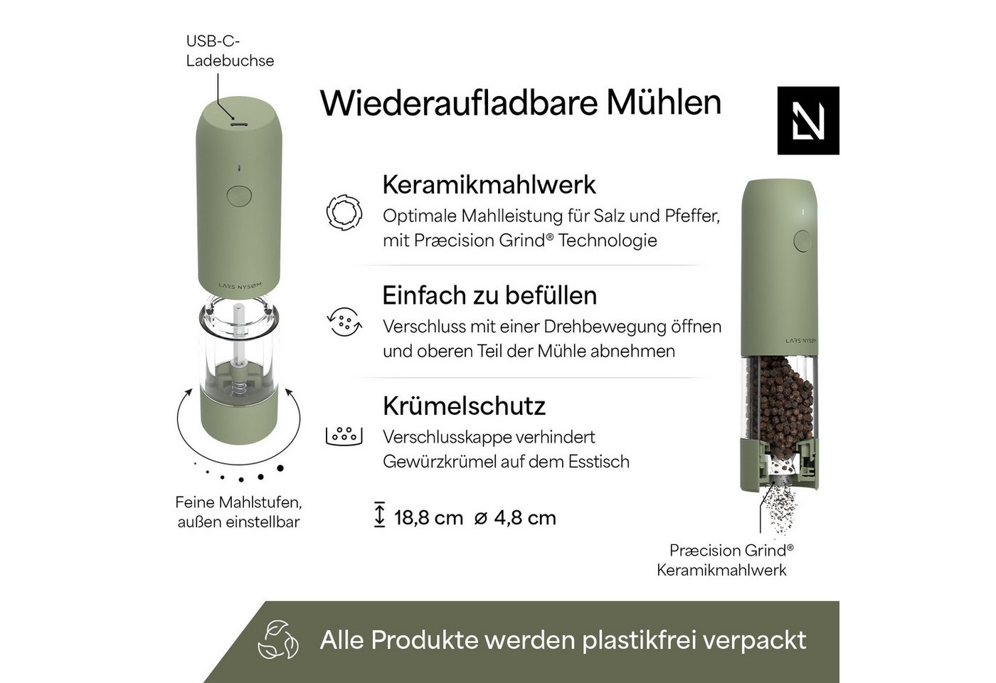 LARS NYSØM Gewürzmühle Kværne praktische Einhandbedienung per Drucktaste, (2 Stück), elektrische Salz- & Pfeffermühle mit eingebautem LED-Licht
