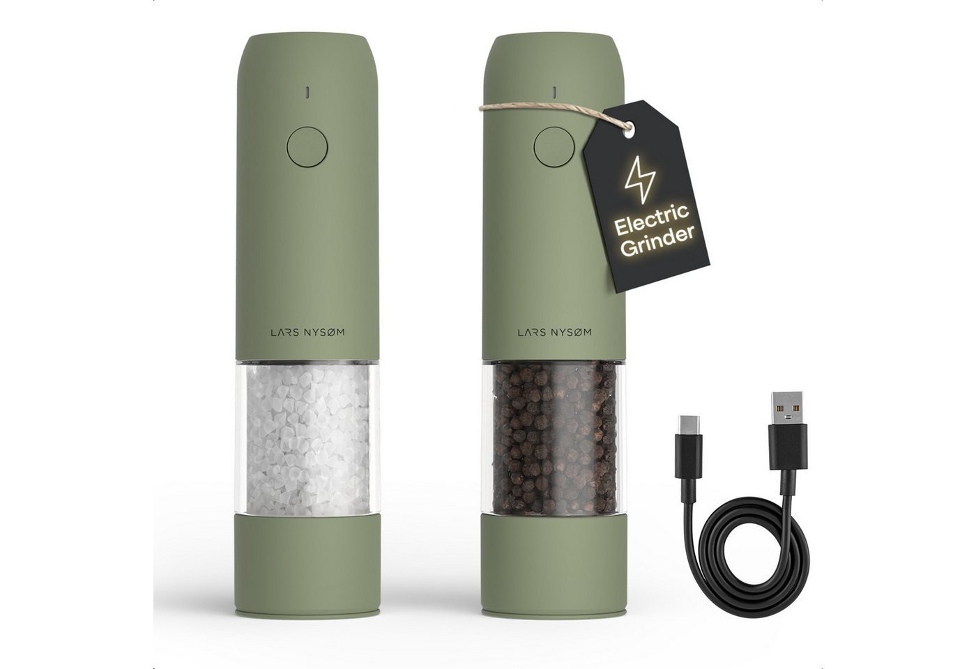 LARS NYSØM Gewürzmühle Kværne praktische Einhandbedienung per Drucktaste, (2 Stück), elektrische Salz- & Pfeffermühle mit eingebautem LED-Licht Bild 2