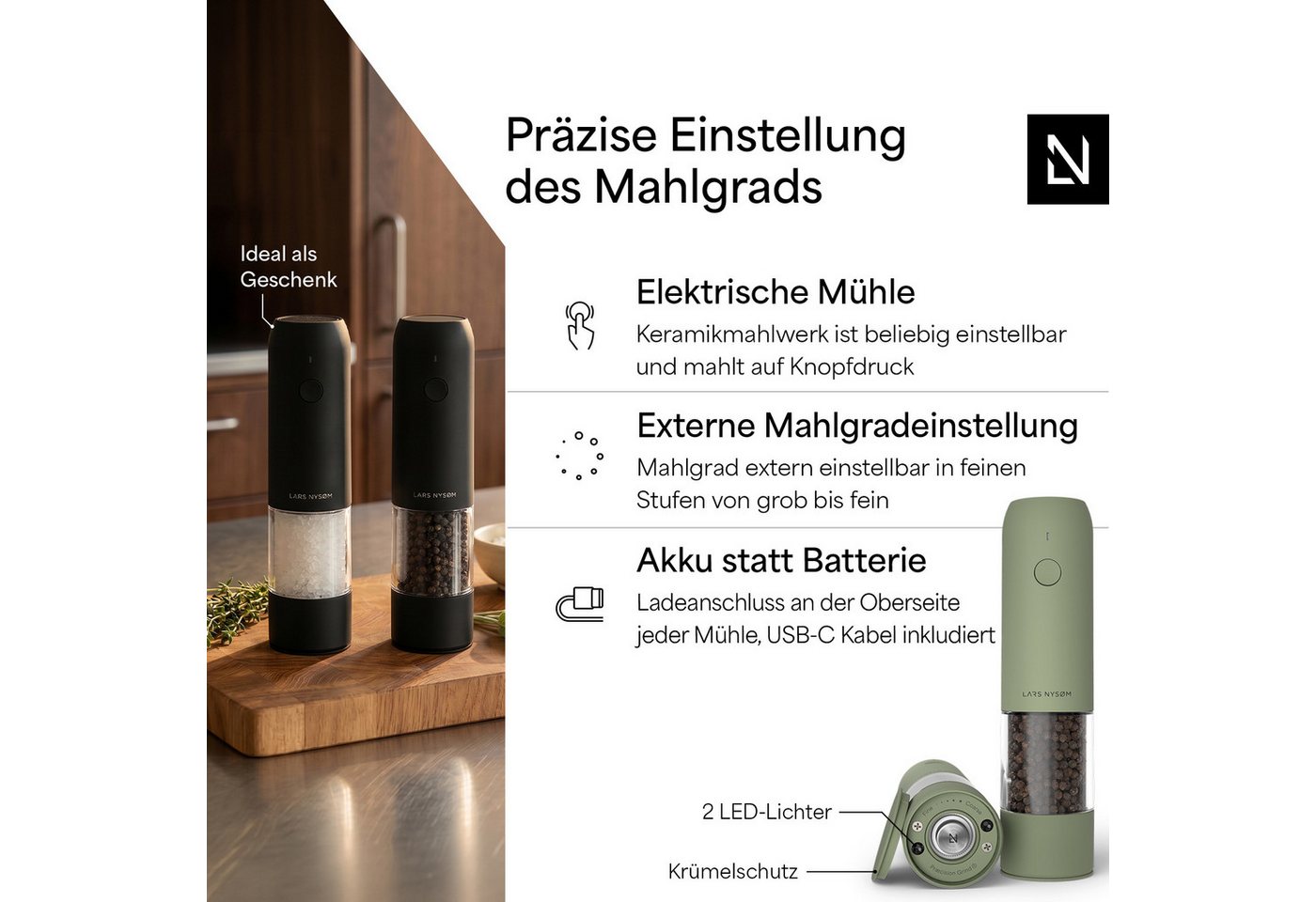 LARS NYSØM Gewürzmühle Kværne praktische Einhandbedienung per Drucktaste, (2 Stück), elektrische Salz- & Pfeffermühle mit eingebautem LED-Licht Bild 5