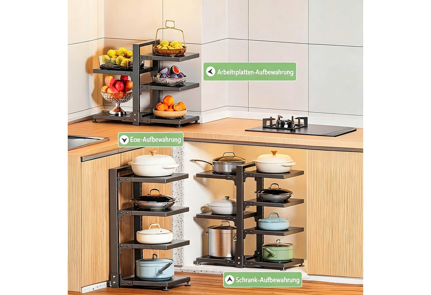 devesanter Küchenregal Topf‑ und Pfannenorganizer mit 7 verstellbaren Fächern, 51,5x21x53,5cm, 1-tlg., Topfregal Mehrzweckregal aus Kohlenstoffstahl, Schwarz