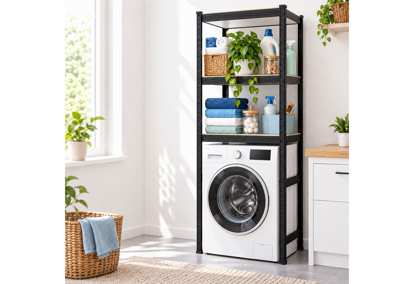 relaxdays Badregal Schwarzes Waschmaschinenregal Schwerlast, 70 x 40 x 180 cm