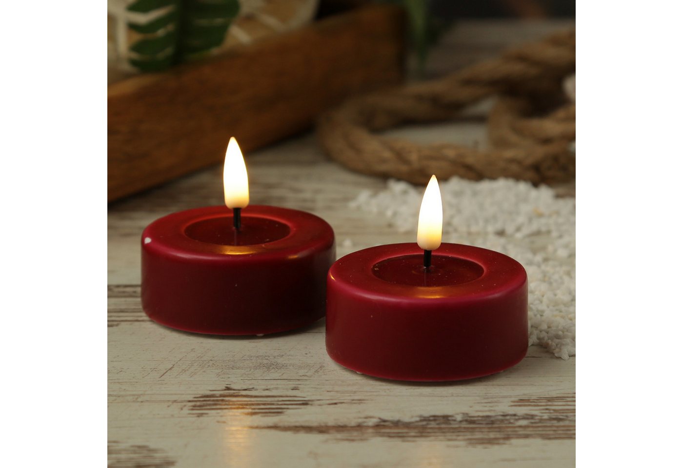 Deluxe Homeart LED-Teelicht LED Teelichter Mia Deluxe flackernd D: 6,1cm bordeauxrot 2 Stück, LED Classic, warmweiß (2100K bis 3000K)