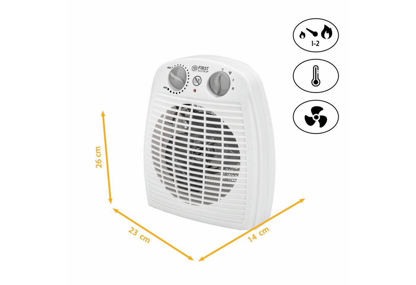 TZS FIRST AUSTRIA Heizlüfter Heizlüfter mit Kaltluftventilator, Thermostat, Überhitzungsschutz, 2 Heizstufen, Heizstrahler, Tragegriff, Weiß