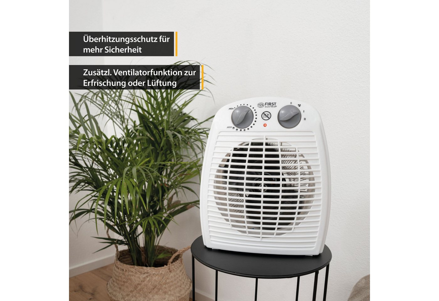 TZS FIRST AUSTRIA Heizlüfter Heizlüfter mit Kaltluftventilator, Thermostat, Überhitzungsschutz, 2 Heizstufen, Heizstrahler, Tragegriff, Weiß Bild 3