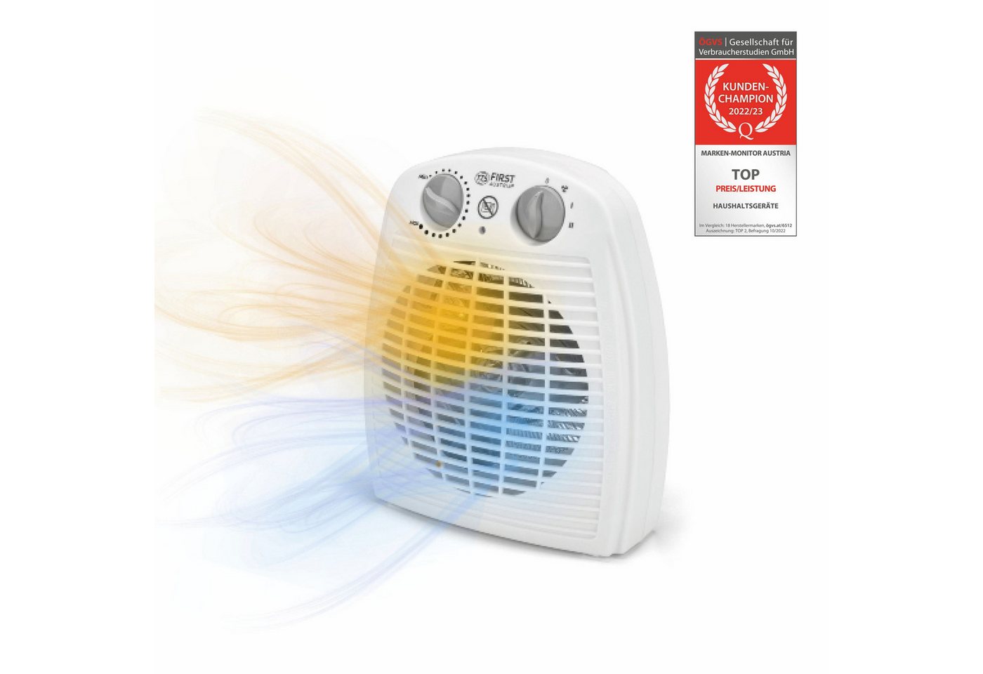 TZS FIRST AUSTRIA Heizlüfter Heizlüfter mit Kaltluftventilator, Thermostat, Überhitzungsschutz, 2 Heizstufen, Heizstrahler, Tragegriff, Weiß Bild 4