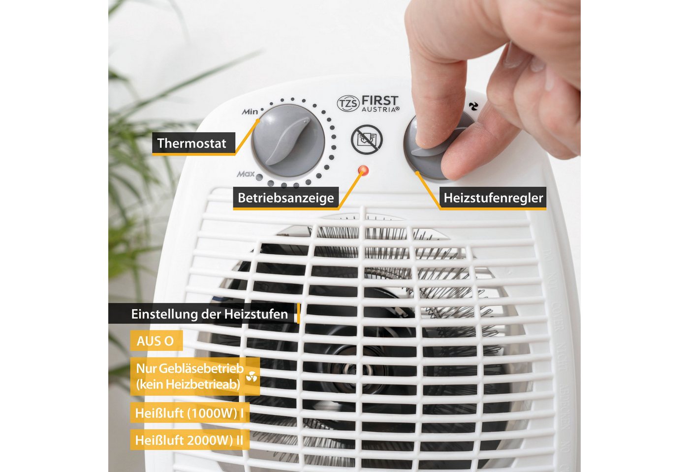 TZS FIRST AUSTRIA Heizlüfter Heizlüfter mit Kaltluftventilator, Thermostat, Überhitzungsschutz, 2 Heizstufen, Heizstrahler, Tragegriff, Weiß Bild 5