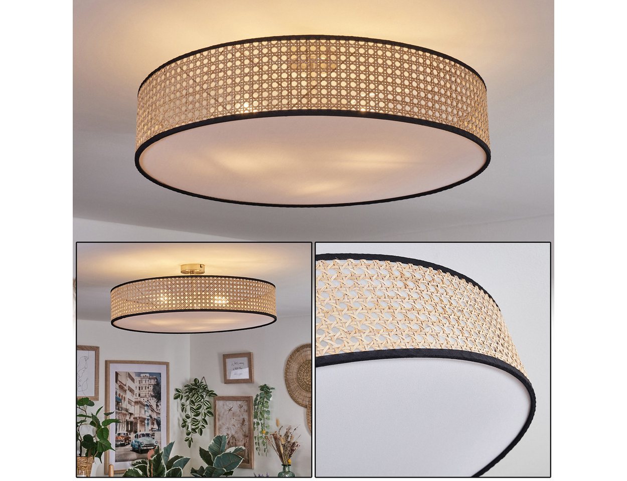 hofstein Deckenleuchte Deckenlampe aus Metall/Rattan/Kunststoff in Nickel-matt/Natur/Weiß, ohne Leuchtmittel, runde Leuchte im Boho-Design (60 cm), E27, Esszimmer, Wohnzimmer