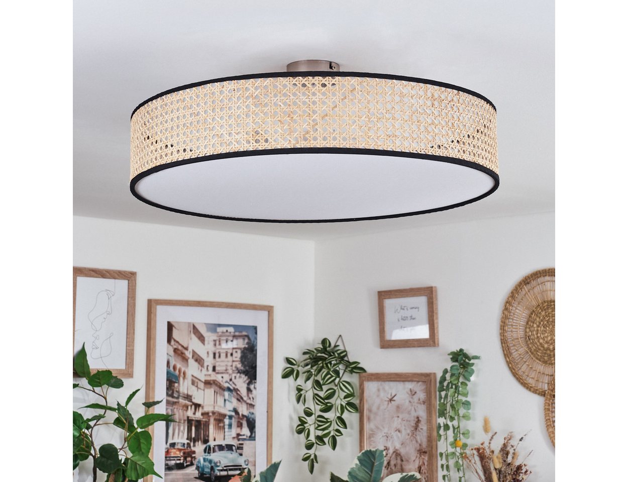 hofstein Deckenleuchte Deckenlampe aus Metall/Rattan/Kunststoff in Nickel-matt/Natur/Weiß, ohne Leuchtmittel, runde Leuchte im Boho-Design (60 cm), E27, Esszimmer, Wohnzimmer Bild 3
