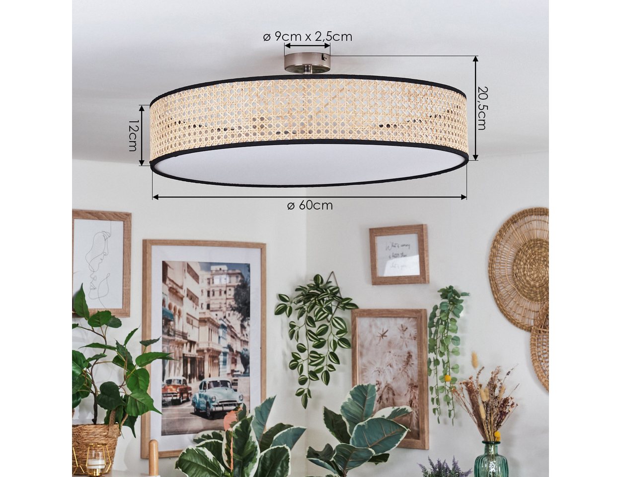 hofstein Deckenleuchte Deckenlampe aus Metall/Rattan/Kunststoff in Nickel-matt/Natur/Weiß, ohne Leuchtmittel, runde Leuchte im Boho-Design (60 cm), E27, Esszimmer, Wohnzimmer Bild 4