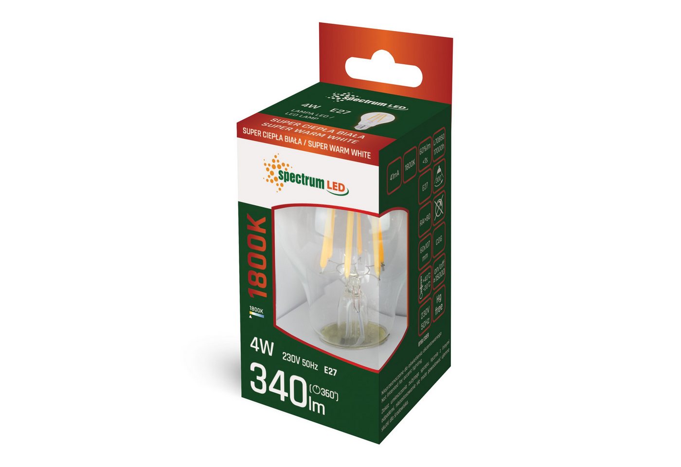 Spectrum LED-Leuchtmittel LED E27 A60 Filament klar 4W Birne 230V 340lm 300° Extra Warm 1800K, E27, Extra Warmweiß, Filament Klar