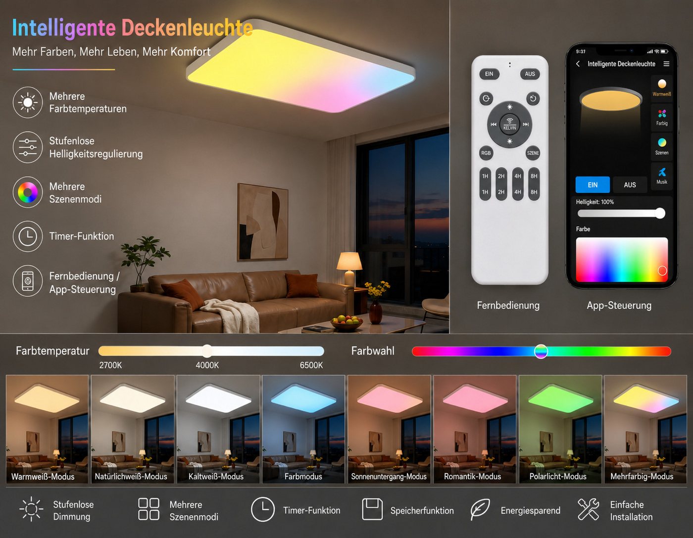 Eurohandisplay LED Deckenleuchte LED Deckenleuchte 698 RGBIC dynamische Himmel- & Naturlichteffekte, LED fest integriert, RGBIC, Neutralweiß, Kaltweiß, Warmweiß, RGBIC Farben