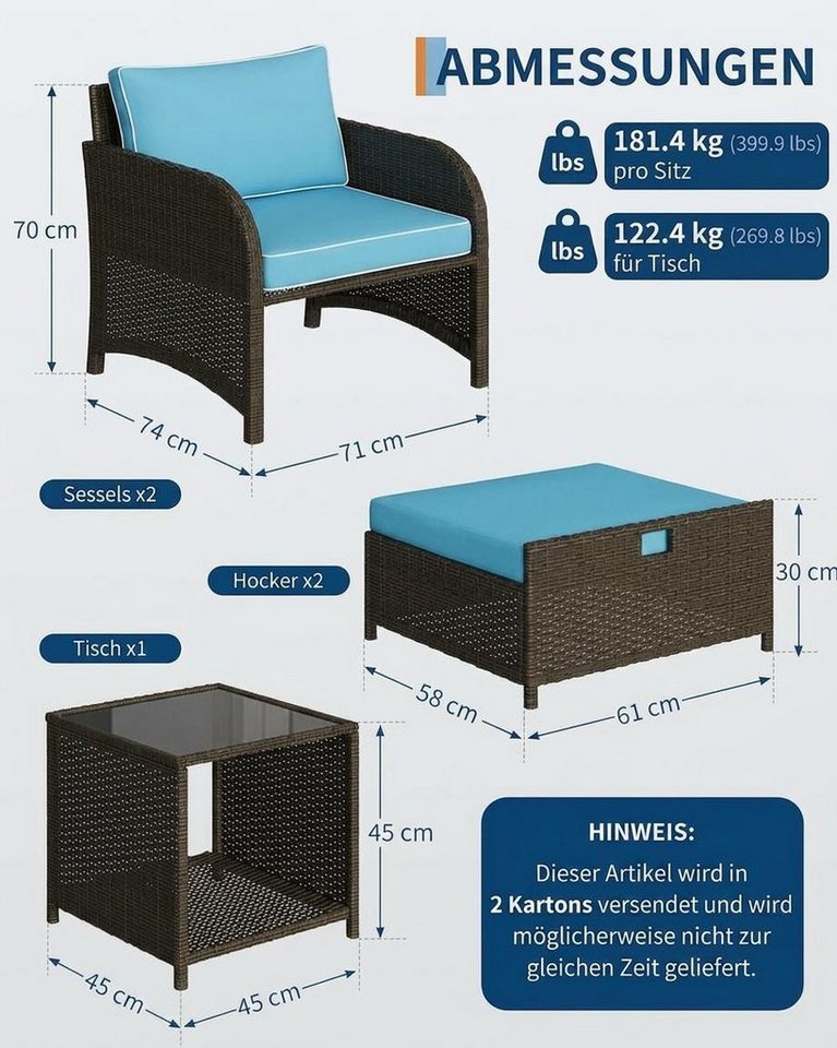 GarveeMore Gartenlounge-Set Terrassenmöbel mit Tisch,5 teilig Rattan Balkonmöbel Kleiner Balkon, (Set, 2 Sessel, 2 Hocker, 1 Couchtisch, Kissen, Glasplatte), Gartenmöbel Set Balkonset 2 Rattansessel mit Hocker,Outdoor Sitzgruppe