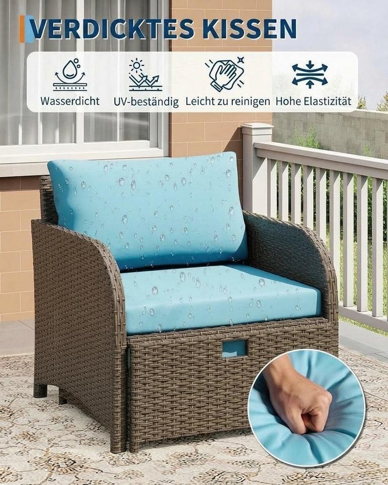 GarveeMore Gartenlounge-Set Terrassenmöbel mit Tisch,5 teilig Rattan Balkonmöbel Kleiner Balkon, (Set, 2 Sessel, 2 Hocker, 1 Couchtisch, Kissen, Glasplatte), Gartenmöbel Set Balkonset 2 Rattansessel mit Hocker,Outdoor Sitzgruppe Bild 2