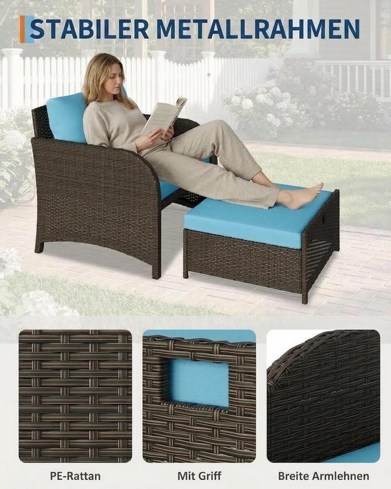 GarveeMore Gartenlounge-Set Terrassenmöbel mit Tisch,5 teilig Rattan Balkonmöbel Kleiner Balkon, (Set, 2 Sessel, 2 Hocker, 1 Couchtisch, Kissen, Glasplatte), Gartenmöbel Set Balkonset 2 Rattansessel mit Hocker,Outdoor Sitzgruppe Bild 4