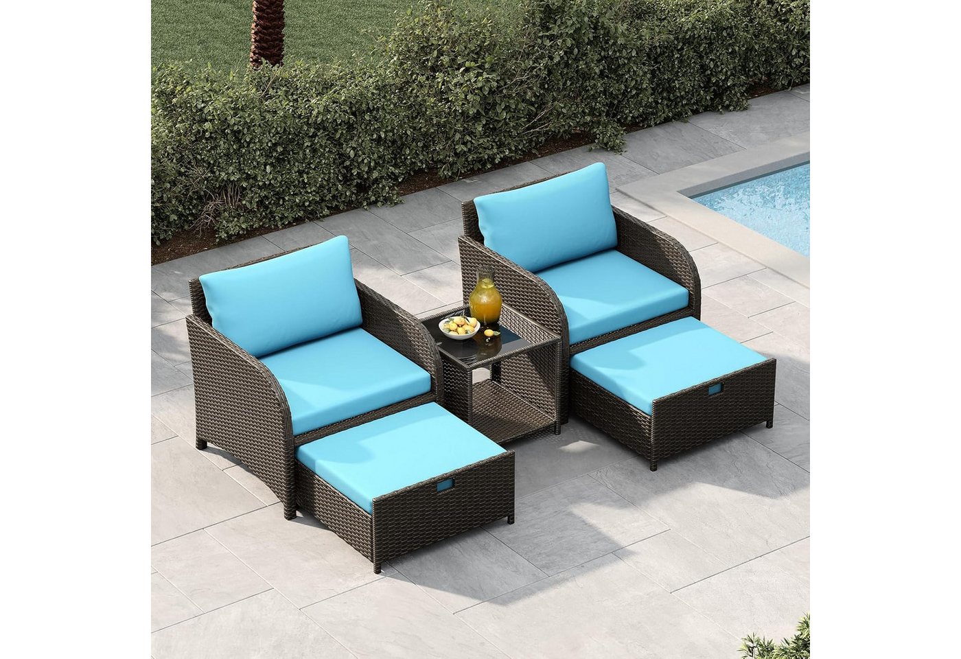 GarveeMore Gartenlounge-Set Terrassenmöbel mit Tisch,5 teilig Rattan Balkonmöbel Kleiner Balkon, (Set, 2 Sessel, 2 Hocker, 1 Couchtisch, Kissen, Glasplatte), Gartenmöbel Set Balkonset 2 Rattansessel mit Hocker,Outdoor Sitzgruppe Bild 5