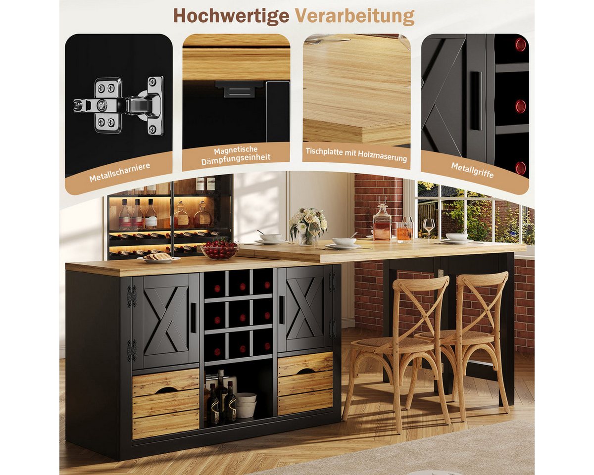 Odikalo Kücheninsel mit Ausziehbarer Esstisch und Weinregal, (Multifunktionaler Esstisch mit Sideboard, 360° drehbare Tischplatte, ausziehbarer Küchentisch mit großem Stauraum, Wohnzimmer Schrankwand)