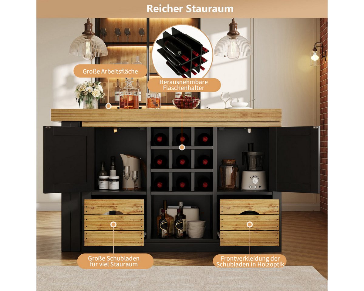 Odikalo Kücheninsel mit Ausziehbarer Esstisch und Weinregal, (Multifunktionaler Esstisch mit Sideboard, 360° drehbare Tischplatte, ausziehbarer Küchentisch mit großem Stauraum, Wohnzimmer Schrankwand) Bild 2