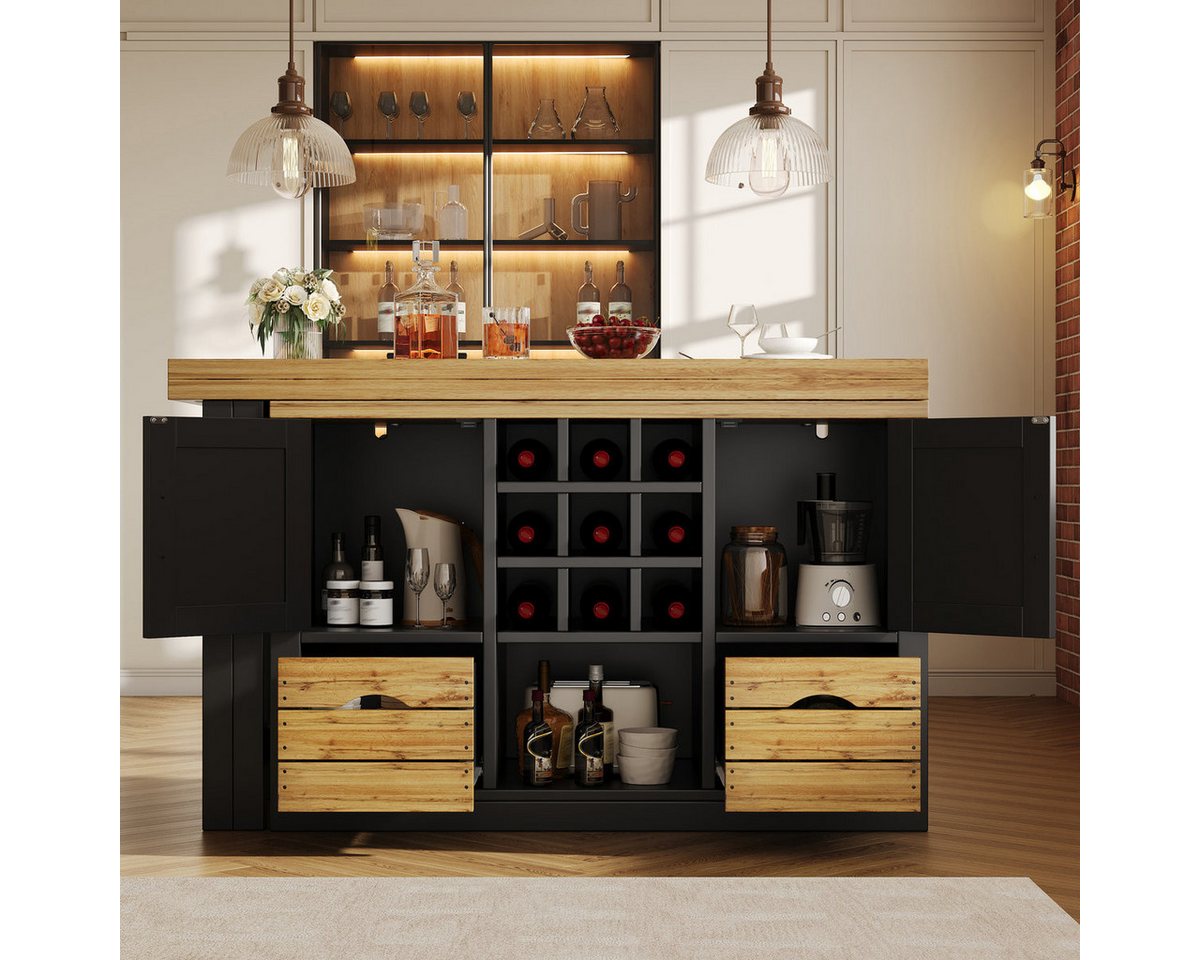 Odikalo Kücheninsel mit Ausziehbarer Esstisch und Weinregal, (Multifunktionaler Esstisch mit Sideboard, 360° drehbare Tischplatte, ausziehbarer Küchentisch mit großem Stauraum, Wohnzimmer Schrankwand) Bild 3