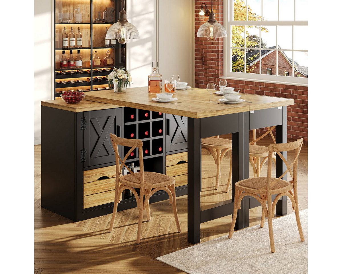 Odikalo Kücheninsel mit Ausziehbarer Esstisch und Weinregal, (Multifunktionaler Esstisch mit Sideboard, 360° drehbare Tischplatte, ausziehbarer Küchentisch mit großem Stauraum, Wohnzimmer Schrankwand) Bild 4