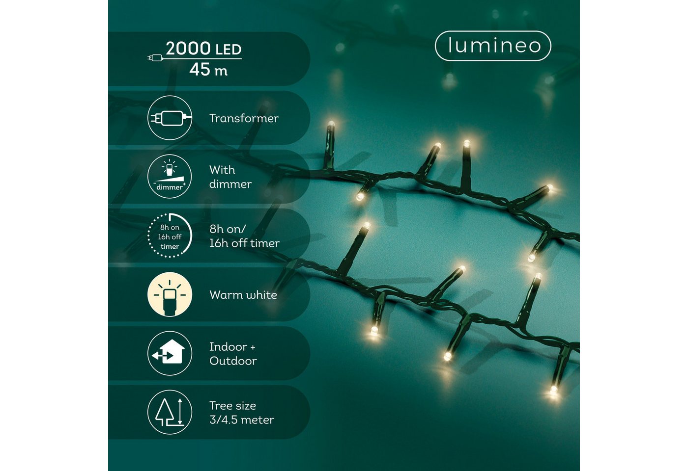 Lumineo LED-Lichterkette Lumineo Lichterkette COMPACT 2000 LED 45 m warm weiß, grünes Kabel, Indoor/Outdoor, dimmbar, 8h-Timer, 5 m Zuleitung Bild 5
