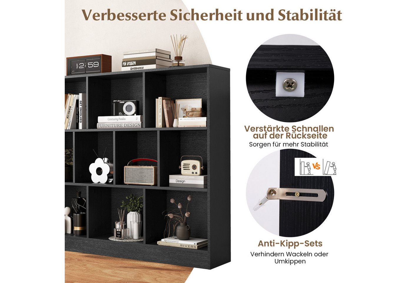 KOMFOTTEU Bücherregal, mit 10 Fächern, 3 Ebenen Würfelregal freistehend Bild 4