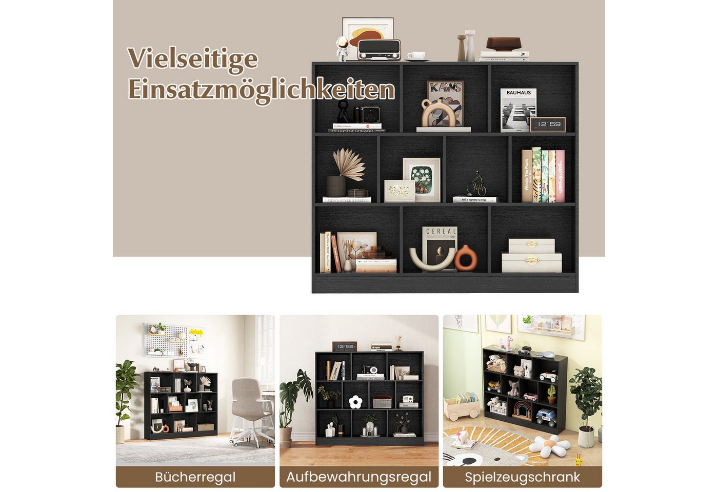 KOMFOTTEU Bücherregal, mit 10 Fächern, 3 Ebenen Würfelregal freistehend Bild 5