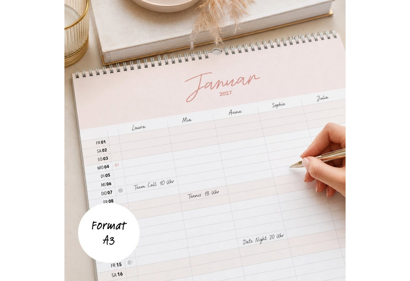 heaven+paper Familienkalender A3 Familienplaner Cozy 5 Spalten 2027 minimalistisch, hochwertig, Hergestellt in Deutschland Bild 2