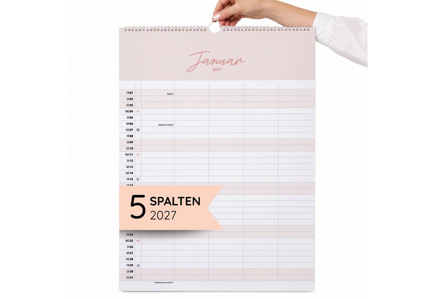 heaven+paper Familienkalender A3 Familienplaner Cozy 5 Spalten 2027 minimalistisch, hochwertig, Hergestellt in Deutschland Bild 5