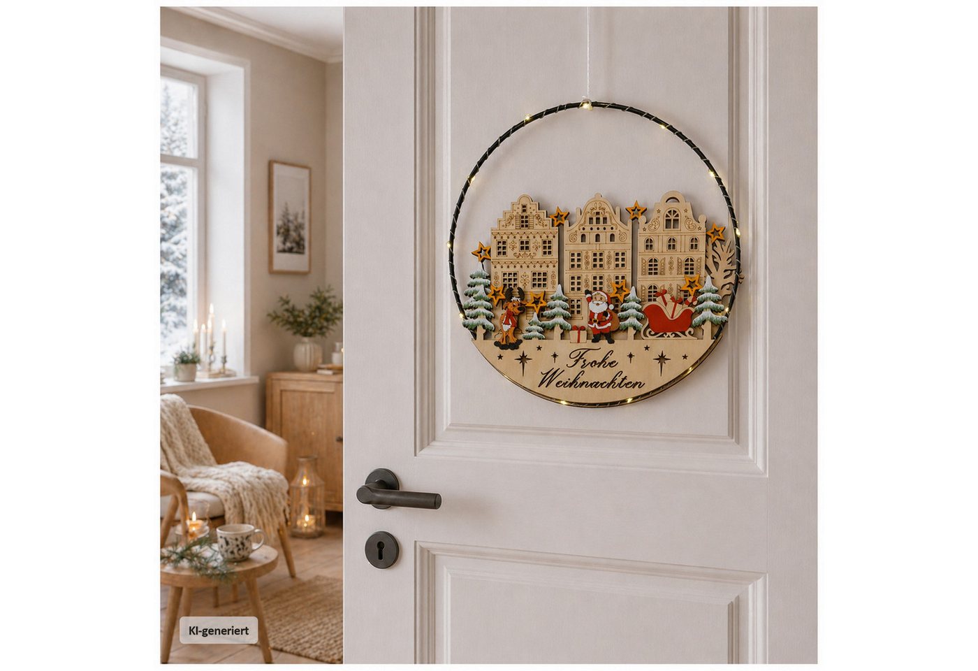 HTI-Living Beleuchtetes Fensterbild LED-Hängedekoration mit Weihnachtsmann und Rentier, Weihnachtliche Fenster- und Türdekoration aus Holz Ø 30 cm