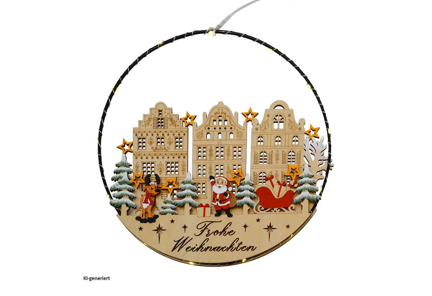 HTI-Living Beleuchtetes Fensterbild LED-Hängedekoration mit Weihnachtsmann und Rentier, Weihnachtliche Fenster- und Türdekoration aus Holz Ø 30 cm Bild 2
