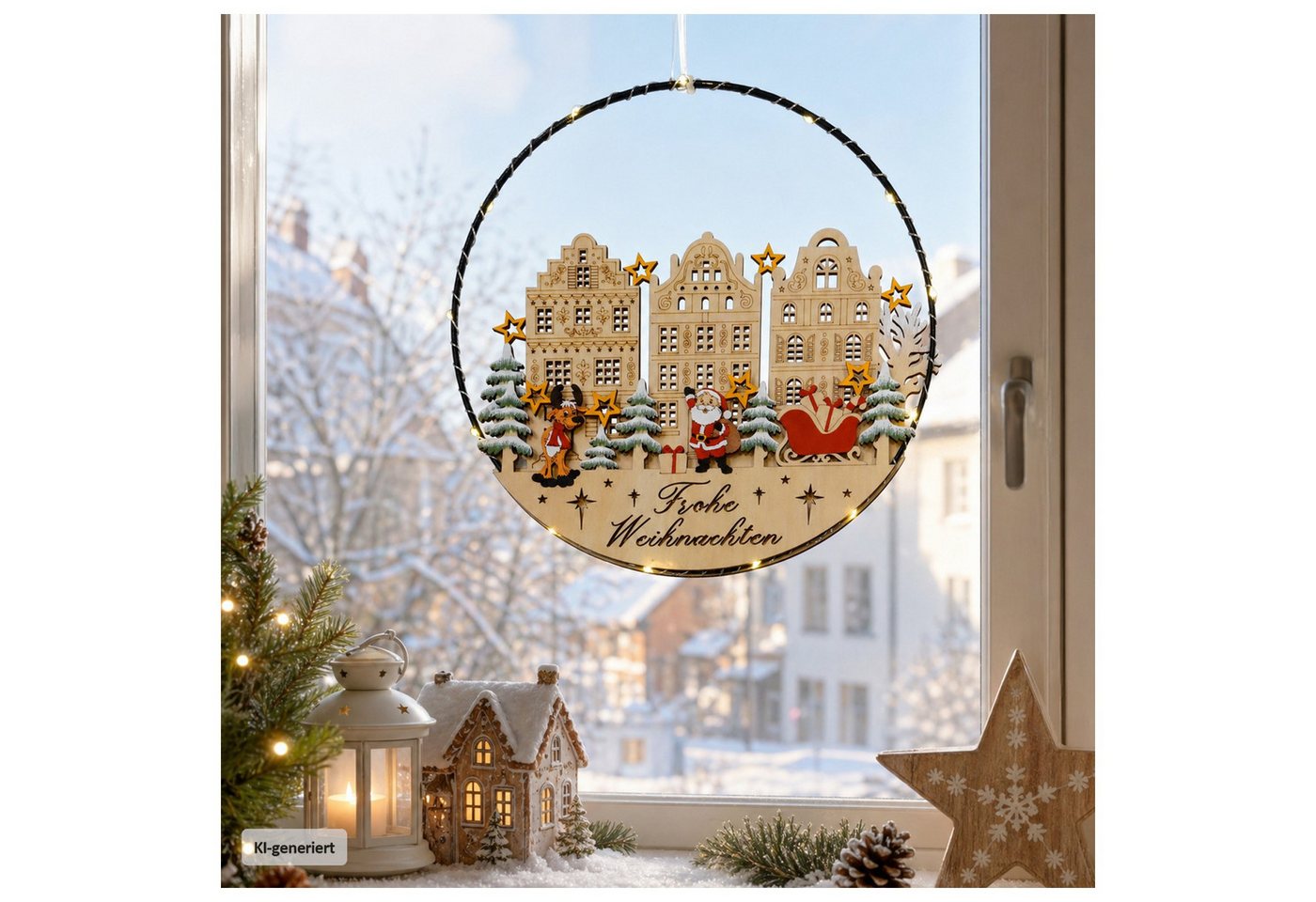 HTI-Living Beleuchtetes Fensterbild LED-Hängedekoration mit Weihnachtsmann und Rentier, Weihnachtliche Fenster- und Türdekoration aus Holz Ø 30 cm Bild 3