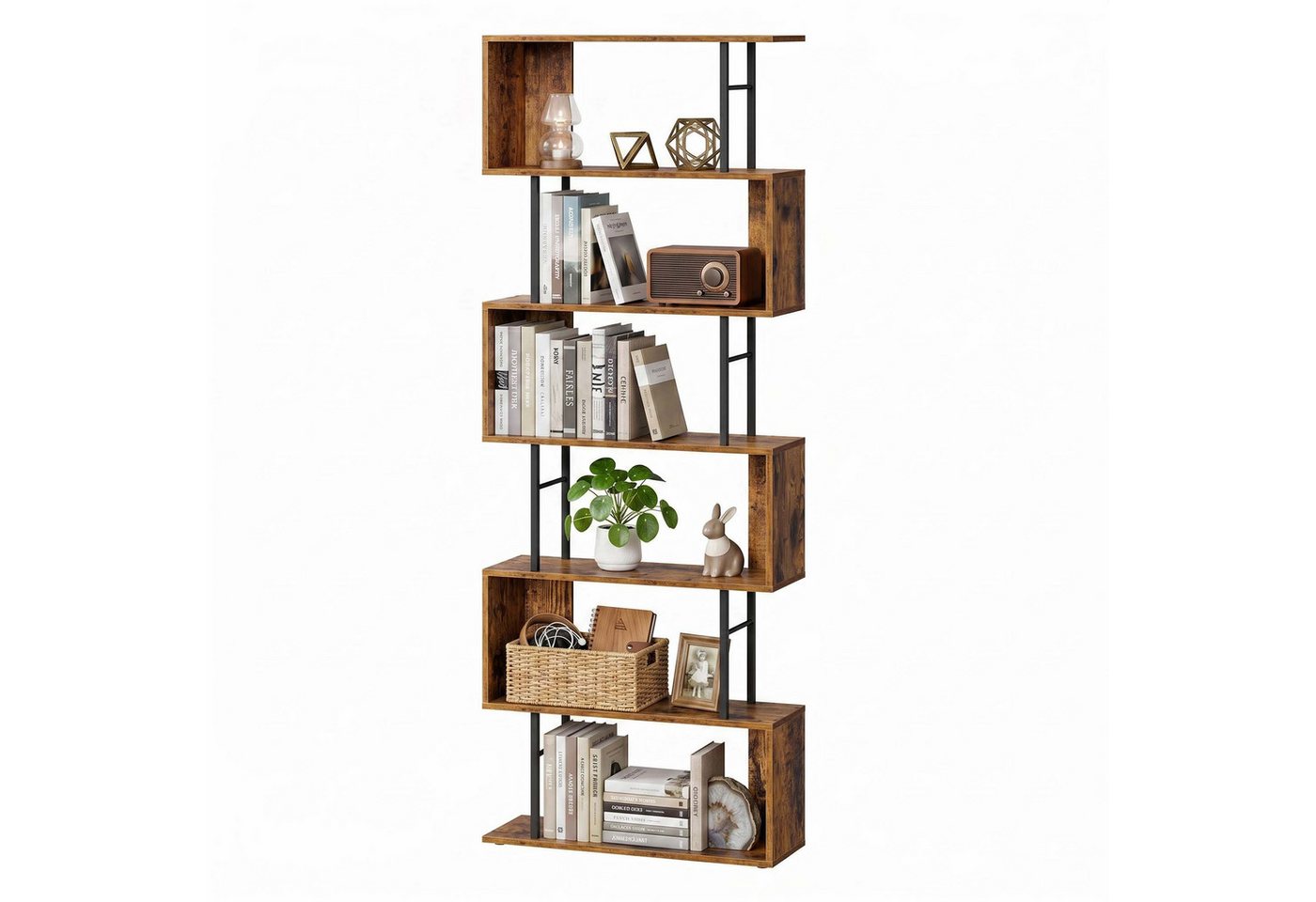 VASAGLE Bücherregal Standregal mit 7 Ebenen, S-Form Raumteiler, für Wohnzimmer, Büro, Freistehendes Regal, 60 x 24 x 190,5 cm