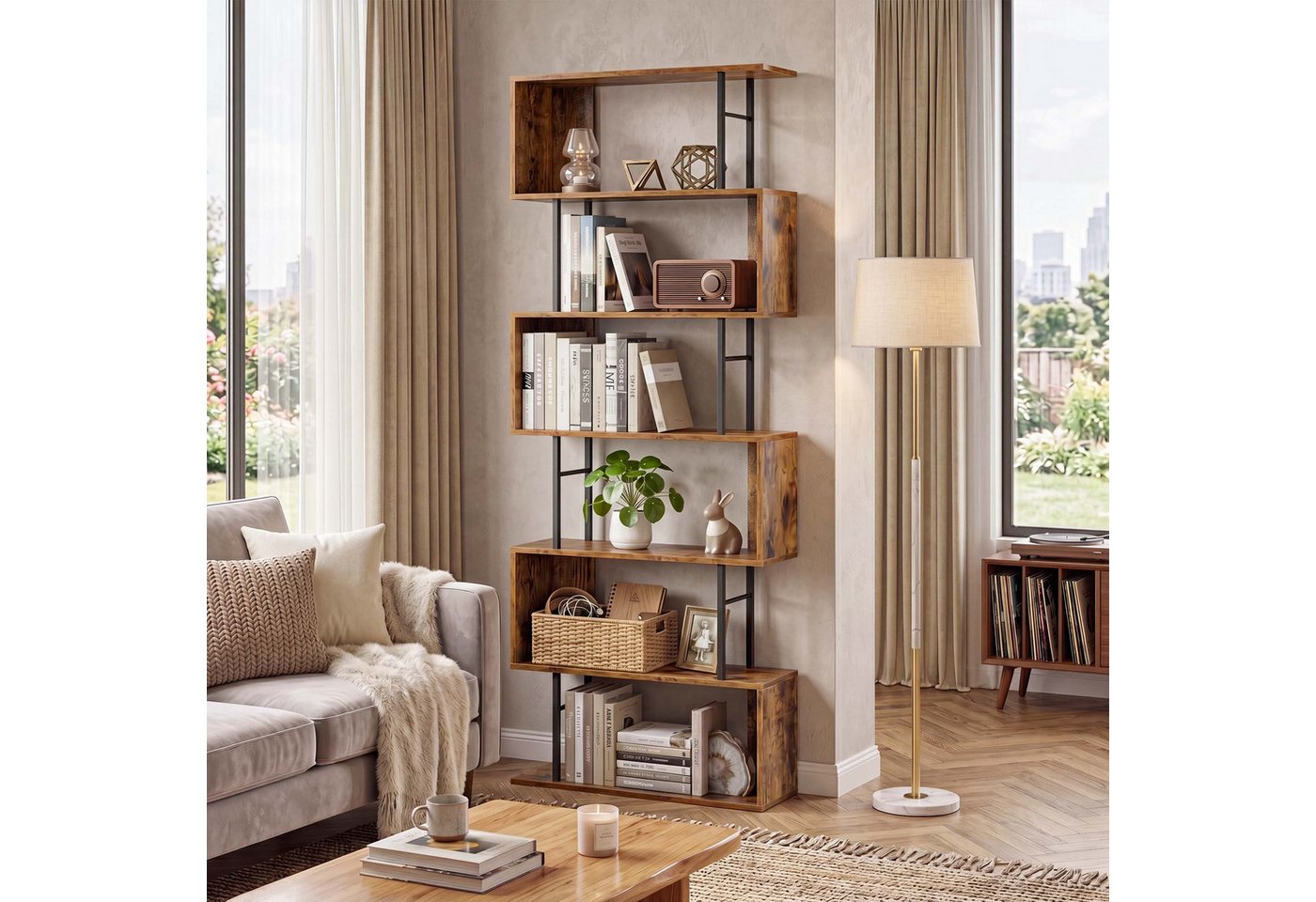 VASAGLE Bücherregal Standregal mit 7 Ebenen, S-Form Raumteiler, für Wohnzimmer, Büro, Freistehendes Regal, 60 x 24 x 190,5 cm Bild 2