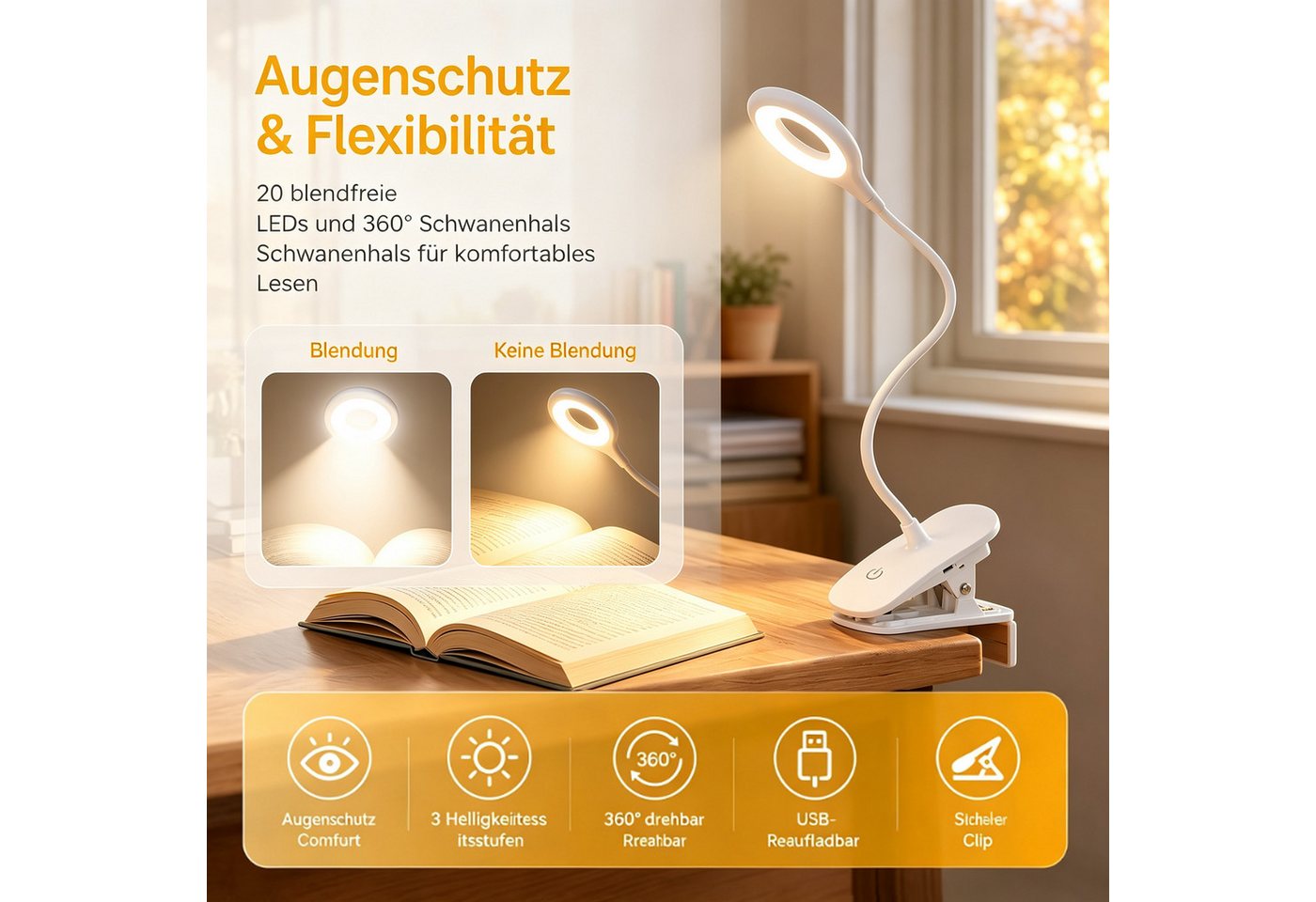 wohnTRAUM24 LED Leselampe Leselampe Buch Klemme im Bett, USB Wiederaufladbare Leselicht, LED fest integriert, Neutralweiß, Kaltweiß, Warmweiß, Klemmlampe Augenschonende Leselampe Klemme mit 3 Helligkeitsstufen