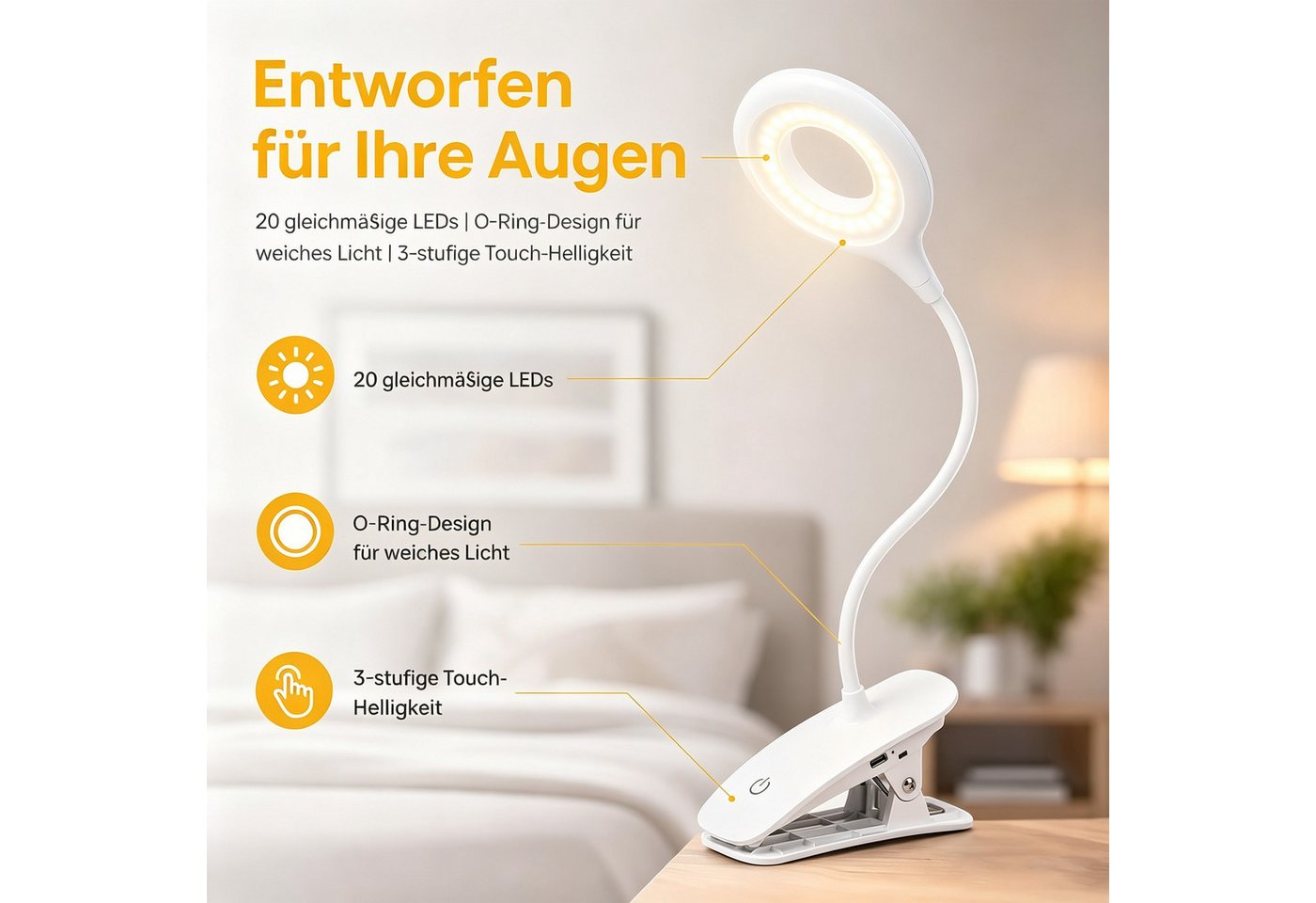 wohnTRAUM24 LED Leselampe Leselampe Buch Klemme im Bett, USB Wiederaufladbare Leselicht, LED fest integriert, Neutralweiß, Kaltweiß, Warmweiß, Klemmlampe Augenschonende Leselampe Klemme mit 3 Helligkeitsstufen Bild 2